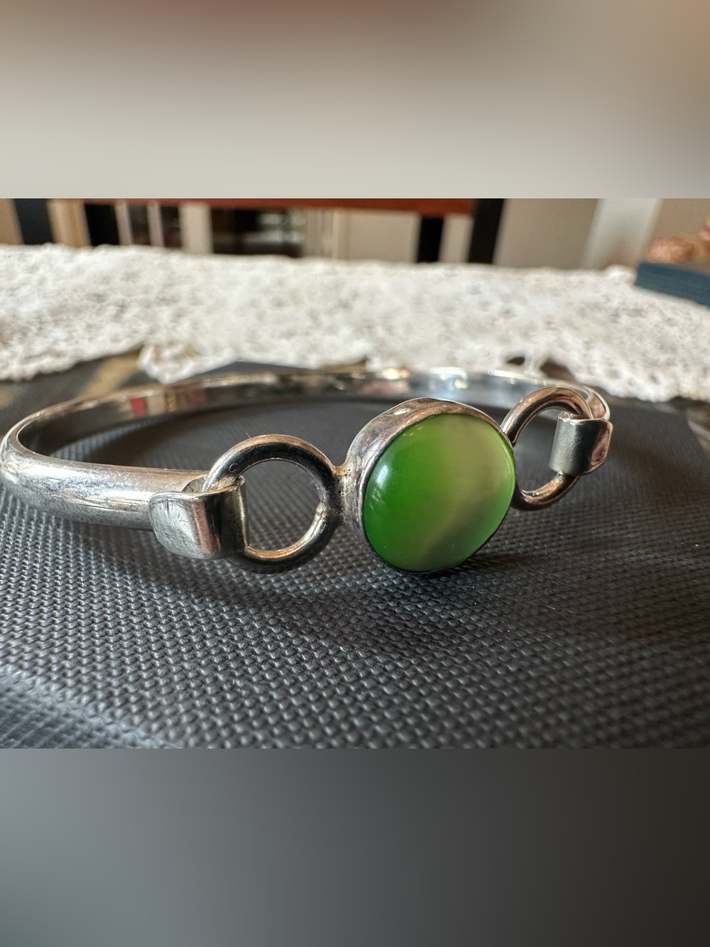 Taxco Silver Bracelet with Green Cabochon